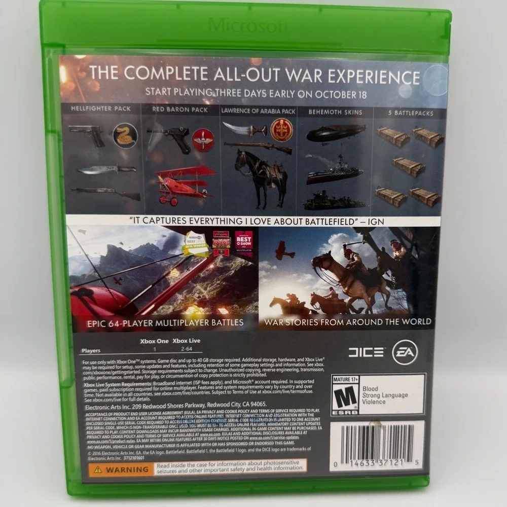 EA Battlefield 1 Early Enlister Deluxe‎ Edition Xbox One Green Case WWI FPS